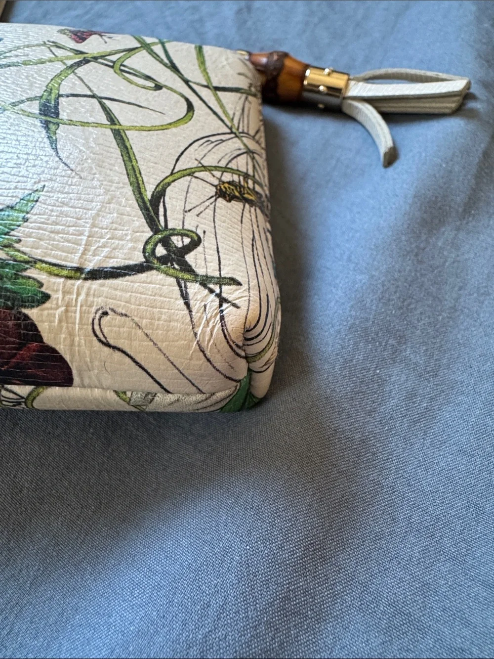 Gucci White Floral & Butterfly Zip Pouch with Tassel